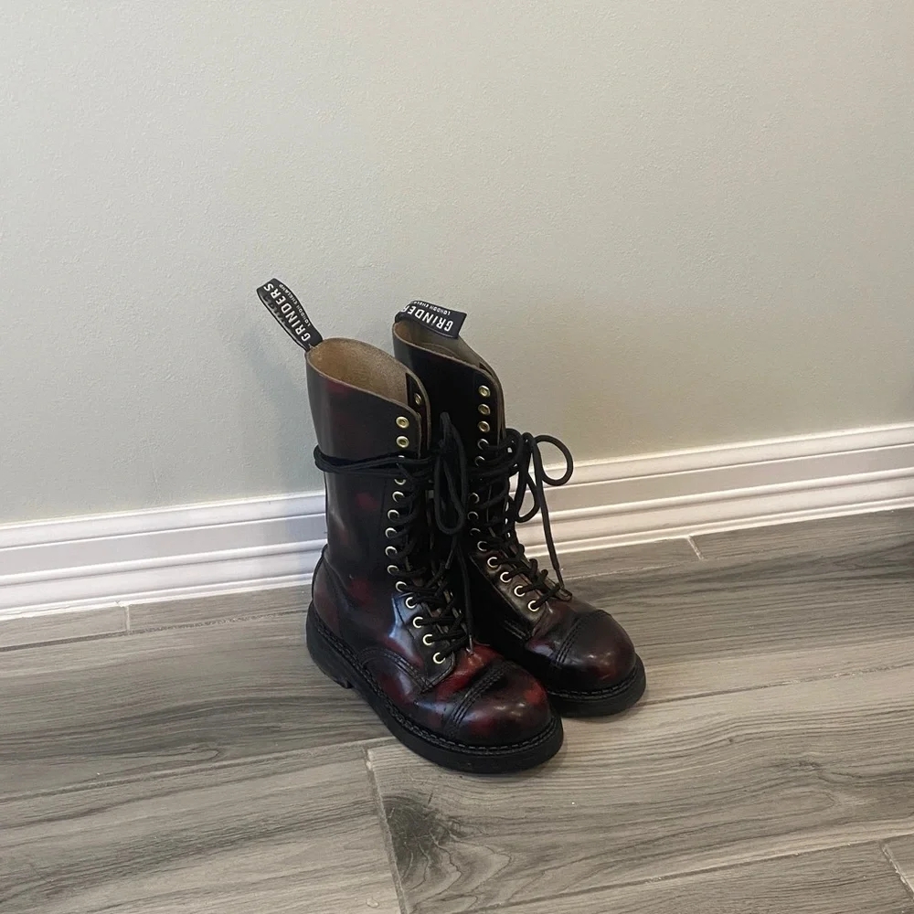 Dr. Martens they are * Grinders *Burgundy and Black Combat Boots - Picture 1 of 5
